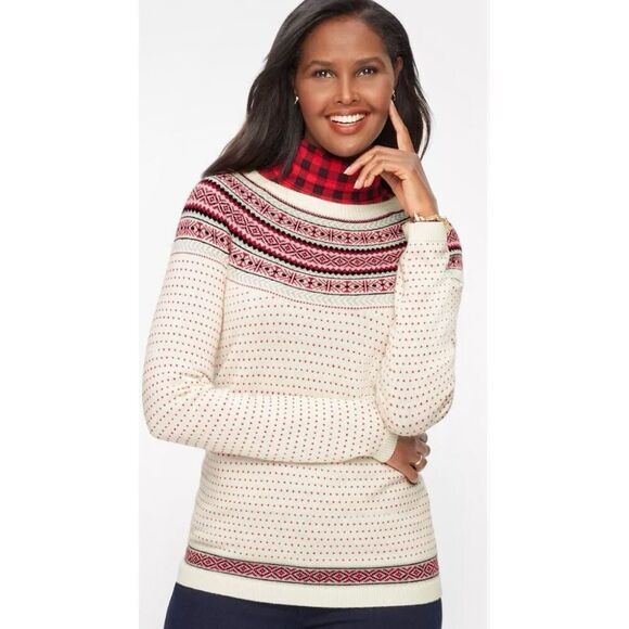 TALBOTS Pullover Sweater‎ Womens XL Fair Isle Nordic Red Hearts Lambs Wool New - Picture 1 of 10